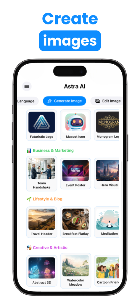 Astra AIアプリ画面。ビジネスマーケティング、ライフスタイル、アートクリエイティブ向けの画像を生成するオプションを示しています。