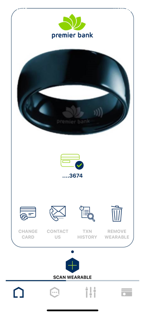 Pantalla de la aplicación móvil Premier Wear que muestra un anillo de pago negro con opciones para gestionar el dispositivo portátil y ver el historial de transacciones