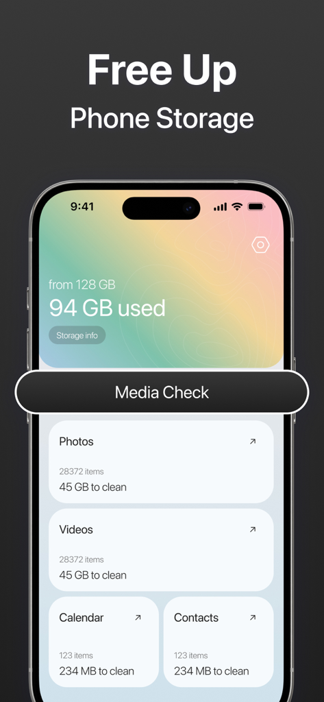 Interfaz de la aplicación móvil que muestra 94 gigabytes de almacenamiento utilizado y opciones para limpiar fotos y videos