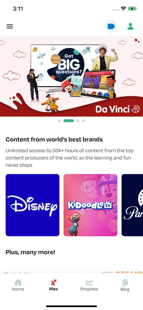 Miko - Play, Learn, & Connect - The Miko app interface displaying the Miko Max subscription section with premium content from Disney and Kidoodle TV