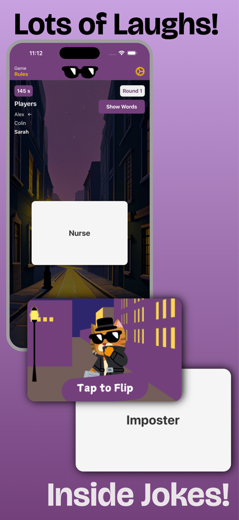 Uma tela de celular mostrando a jogabilidade do Imposter Secret Word Game com um cartão de palavra secreta e a revelação do papel do impostor.