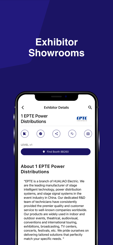 Integrated Systems Europe 2026 - Écran des détails de l'exposant de l'application ISE 2026 montrant l'emplacement du stand et la description de l'entreprise