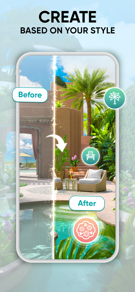 Garden Joy: Exterior Designer - 가든 조이 앱에서 열대 식물과 야외 가구를 특징으로 하는 고급 수영장 파티오 디자인의 전후 비교.