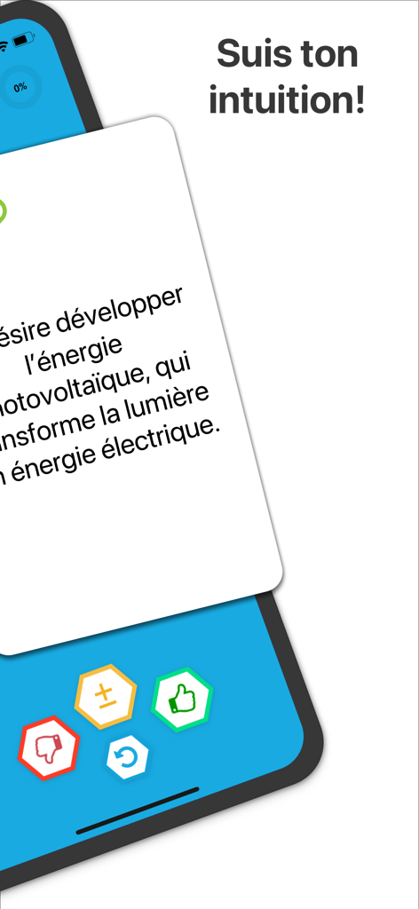 GO-Génie - GO-Génie mobile app interface showing a swipeable card with an engineering-related statement and choice buttons for career orientation.