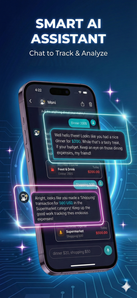 Interfaz de chat del asistente inteligente Moni AI para rastrear y analizar gastos en una pantalla de iPhone