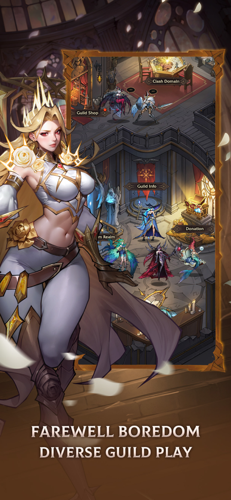 Omniheroes - ギルドのゲームプレイオプションと詳細なワルキューレキャラクターを表示するOmniheroesモバイルゲーム画面