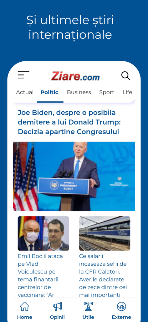 Ziare.com 앱 인터페이스에 루마니아어로 된 국제 및 국내 정치 뉴스 기사가 표시됩니다.