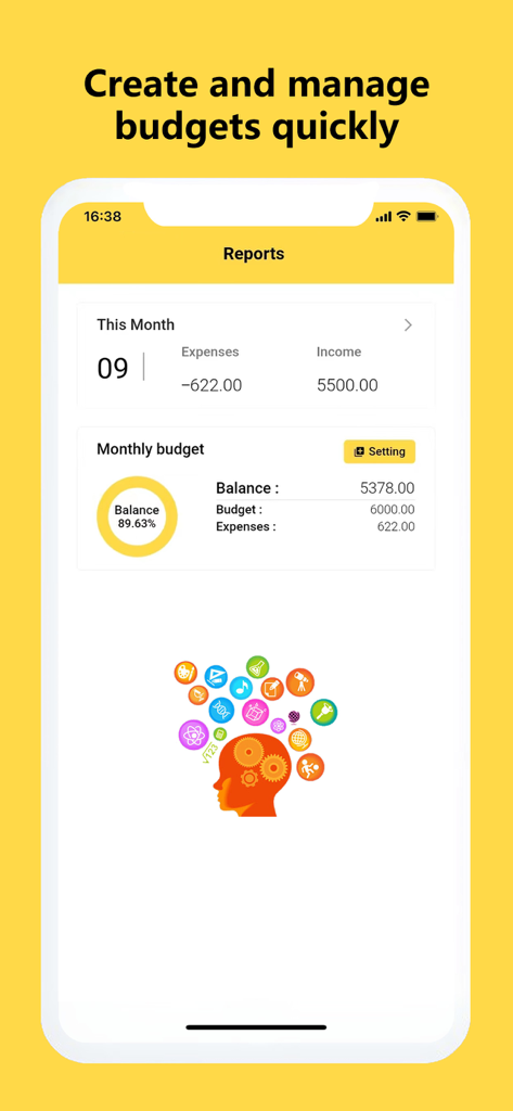 Money Tracker:Expense & Budget - Interfaz de la aplicación Rastreador de Dinero que muestra un resumen mensual del presupuesto e informes de gastos