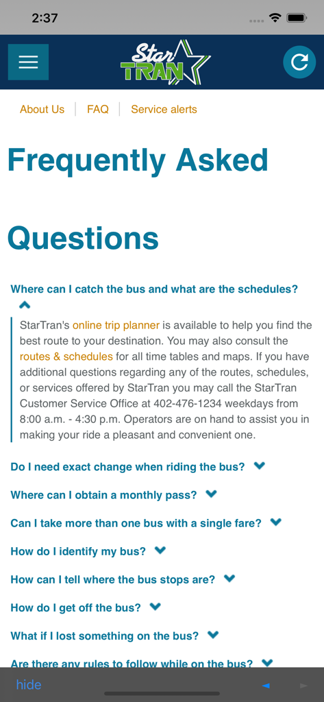 RideLNK - Frequently Asked Questions page of the RideLNK app for StarTran bus service