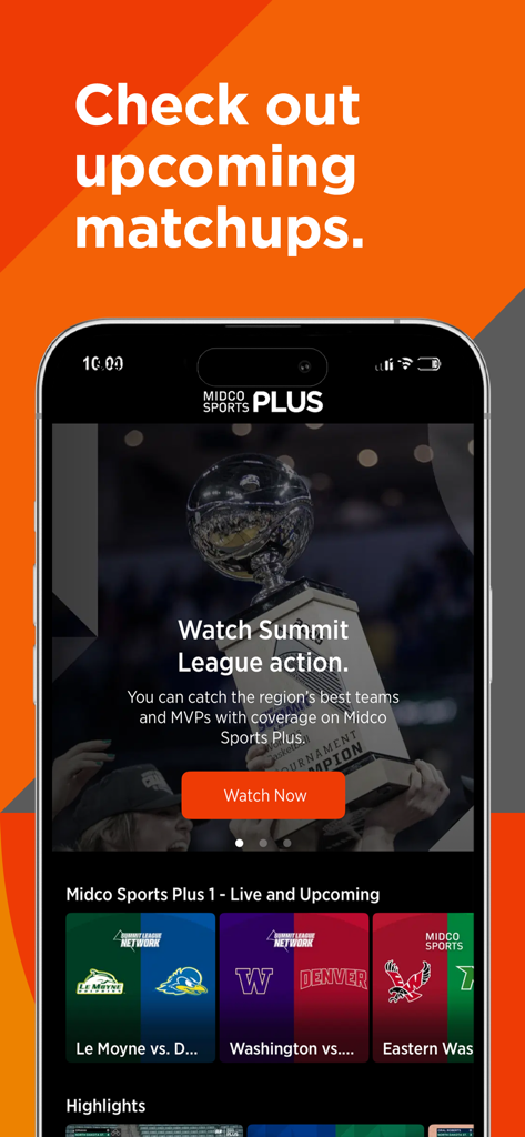 Midco Sports Plus mobile app screen showing live and upcoming regional sports matchups