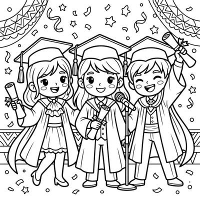 Step into the spotlight with our delightful coloring page featuring three cheerful stage actors celebrating their graduation! Dressed in caps and gowns, proudly holding diplomas, and surrounded by festive confetti, this scene perfectly captures the excitement of achievement.
