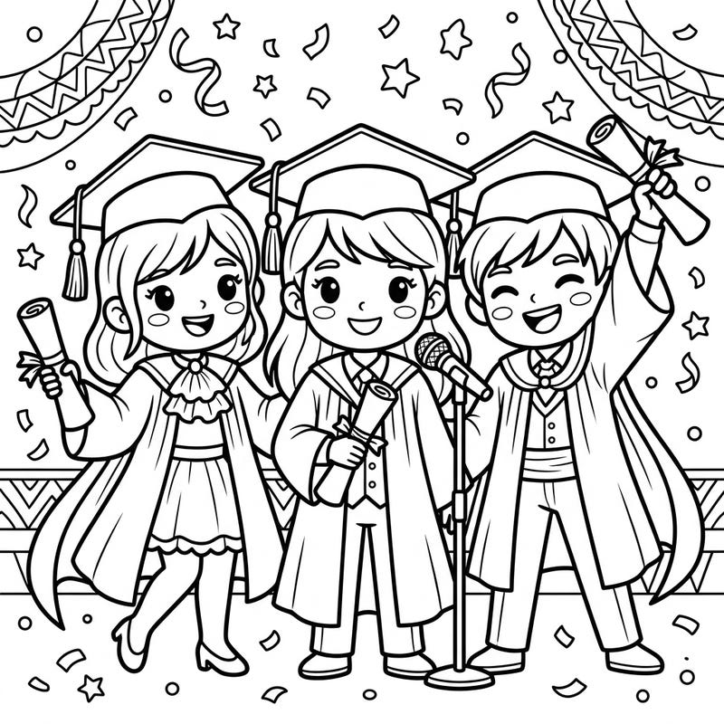 Step into the spotlight with our delightful coloring page featuring three cheerful stage actors celebrating their graduation! Dressed in caps and gowns, proudly holding diplomas, and surrounded by festive confetti, this scene perfectly captures the excitement of achievement.
