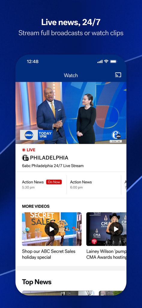 6abc Philadelphia mobile app interface displaying a 24/7 live news broadcast and local video clips