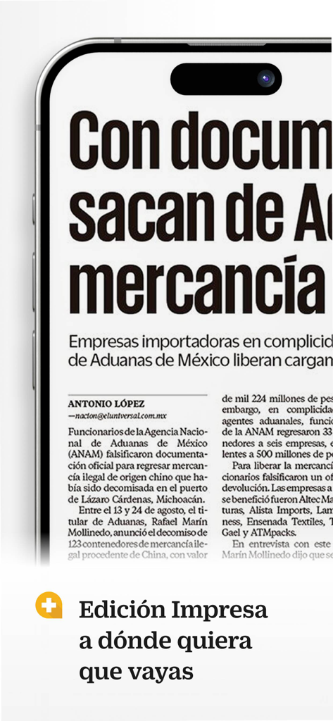 El Universal + - Digital printed edition of El Universal newspaper displayed on a smartphone screen