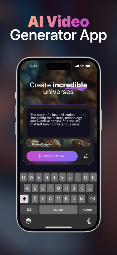 Loomi AI - ‎AI Video Generator - Un smartphone affichant l'interface Loomi AI où un utilisateur peut saisir une invite textuelle pour générer une vidéo IA