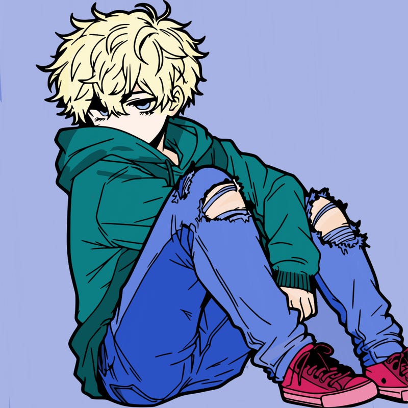 a male hoddie ripped jeans messy hair anime