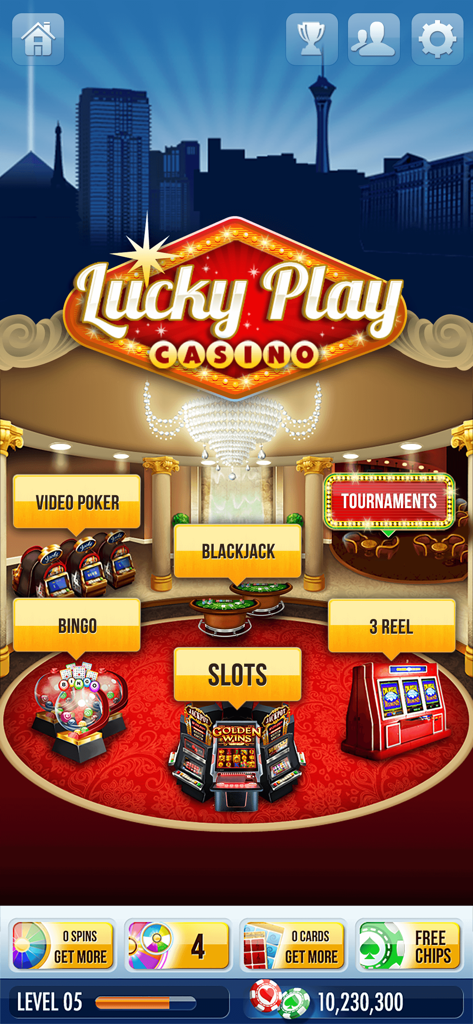 Lucky Play Casino Slots Games - Lucky Play Casino main lobby screen with slots bingo blackjack and video poker options over a Vegas skyline background