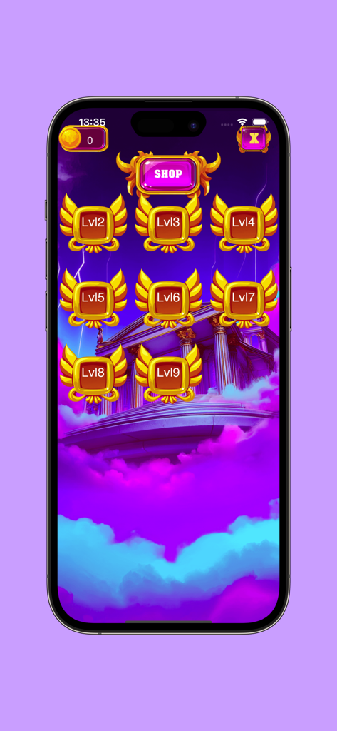 Ulimp Defence - Level selection interface of Ulimp Defence showing golden buttons over a mythological Greek temple.