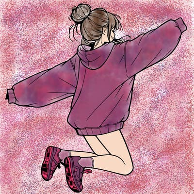 realistic girl jumping with a bun and oversized sweatshirt