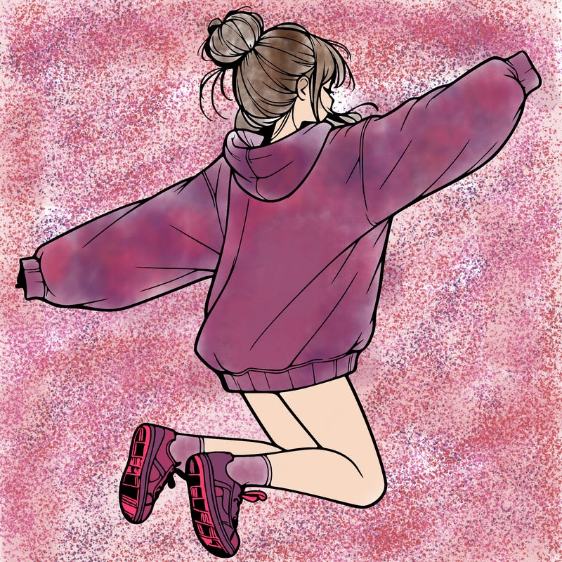 realistic girl jumping with a bun and oversized sweatshirt