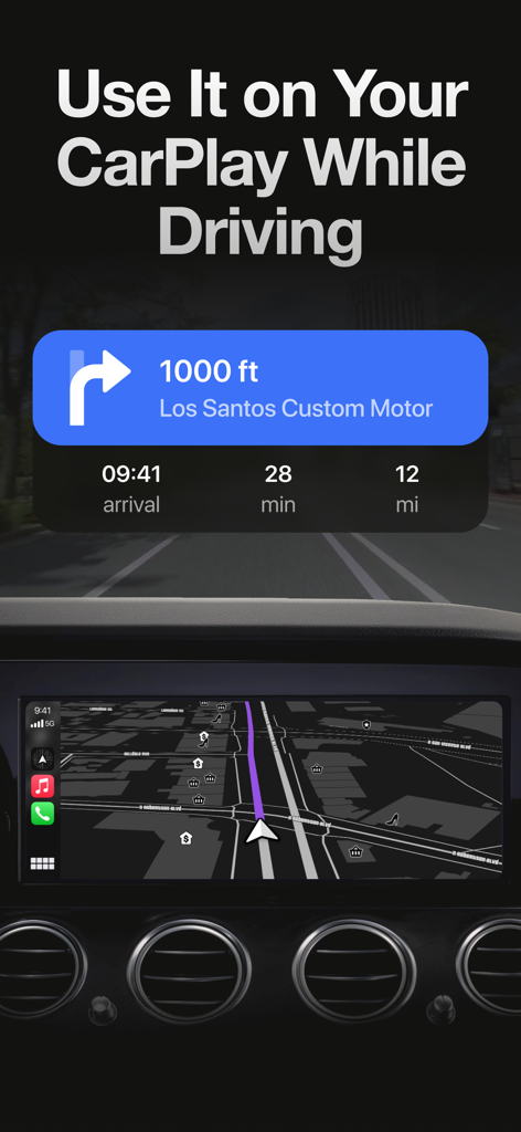 A car dashboard displaying the Game Maps IRL navigation interface on Apple CarPlay with a game-inspired map style.