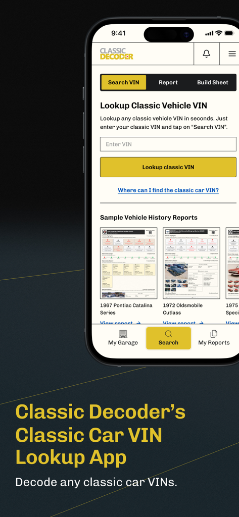Classic Car VIN Lookup - Classic Car VIN Lookup app interface showing the search screen for decoding classic vehicle identification numbers