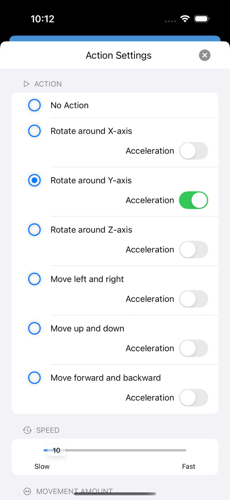 Image 3D Conversion  - Auteps - Action settings interface for customizing 3D rotation and movement effects