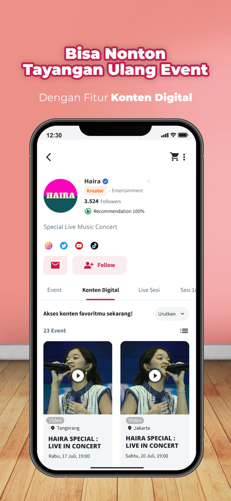 Creator profile screen on TipTip mobile app displaying digital content and event replays for sale
