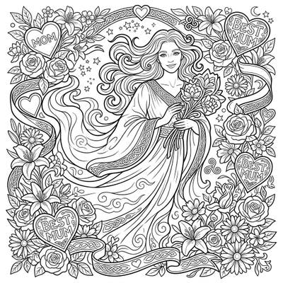 Discover a beautifully intricate Mother's Day coloring page featuring a gentle banshee embraced by a bounty of floral designs and heartfelt symbols. This unique artwork celebrates maternal love with a touch of ancient mystique, offering a truly captivating coloring experience.