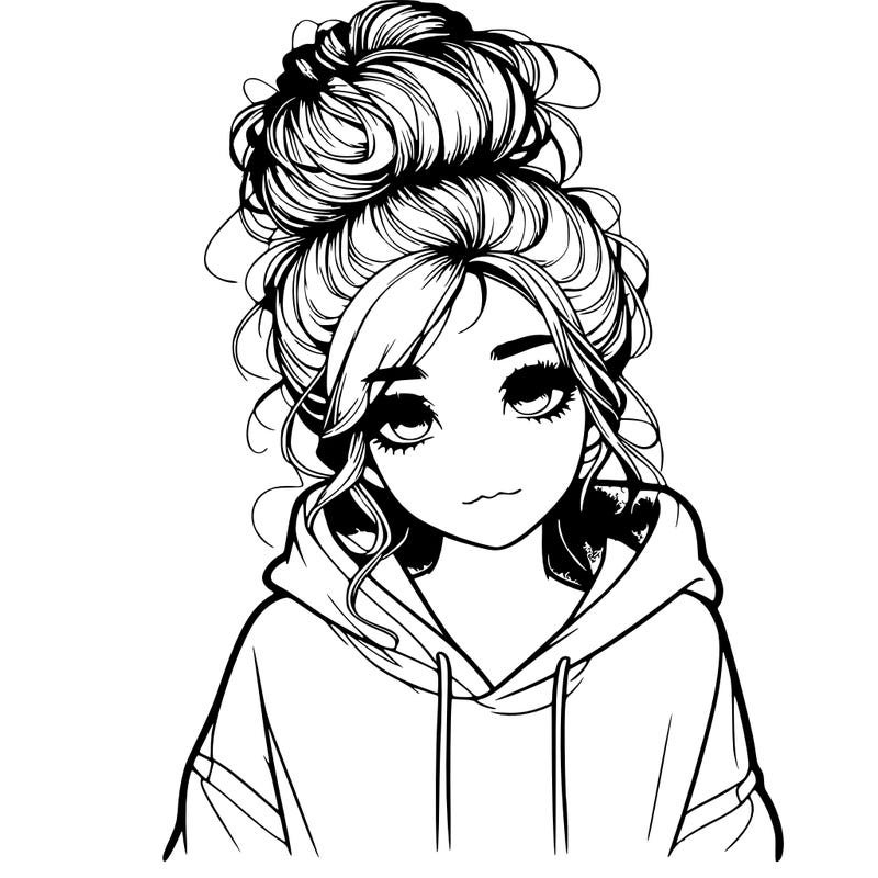 realistic girl with a massy bun and a hoodie