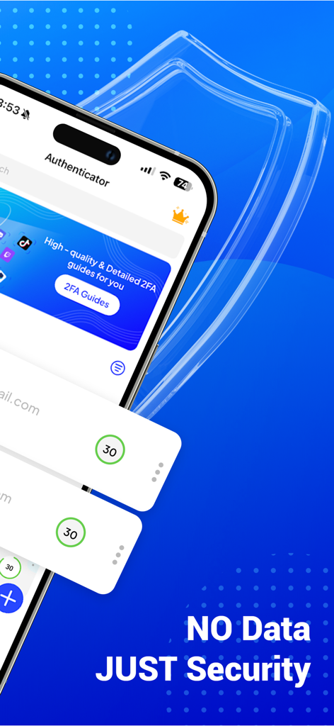 Authenticator App | 2FA Auth - Interfaz de la aplicación de autenticación con códigos 2FA y un icono de escudo de cristal que enfatiza la privacidad de los datos