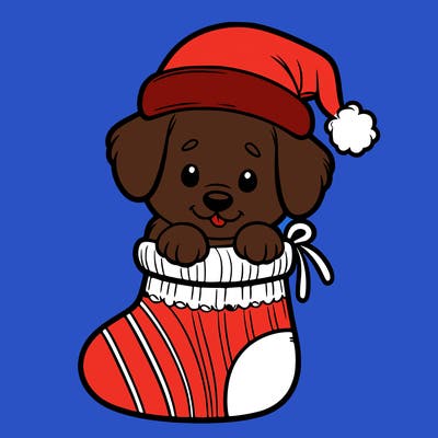 cute puppy wearing santa hat in socking