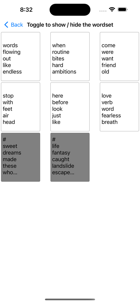 Find the words - A screen showing several cards containing custom word lists that users can toggle for their word search puzzles.