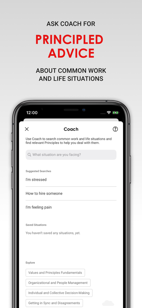 Principles In Action - Digital coach feature in the Principles In Action app providing advice for work and life situations.