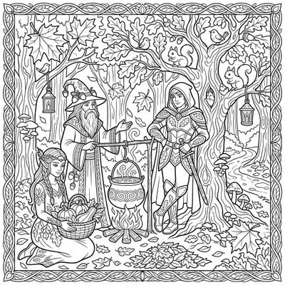 Journey into a whimsical autumn forest where fantasy characters gather for a magical harvest celebration. This enchanting coloring page features a wise wizard, a graceful elf, and a brave warrior amidst falling leaves and woodland creatures.