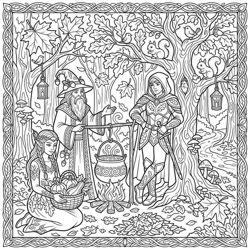 Journey into a whimsical autumn forest where fantasy characters gather for a magical harvest celebration. This enchanting coloring page features a wise wizard, a graceful elf, and a brave warrior amidst falling leaves and woodland creatures.