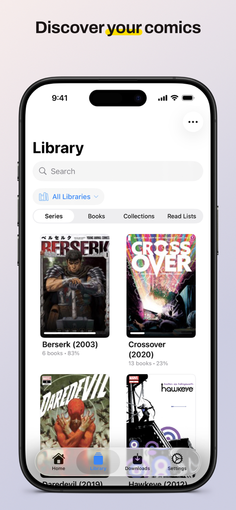 Captura de tela do iPhone do aplicativo Komic mostrando uma biblioteca digital de quadrinhos com capas de séries de Berserk, Crossover, Daredevil e Hawkeye.
