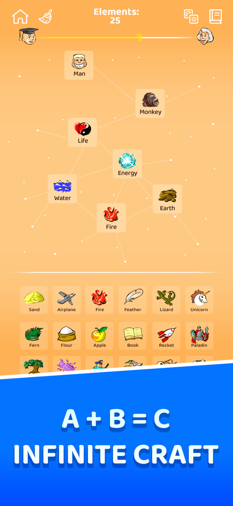 Infinite Craft'er: Alchemy - Captura de tela da jogabilidade mostrando combinações de elementos e ícones desbloqueados no jogo mobile Infinite Crafter Alchemy.
