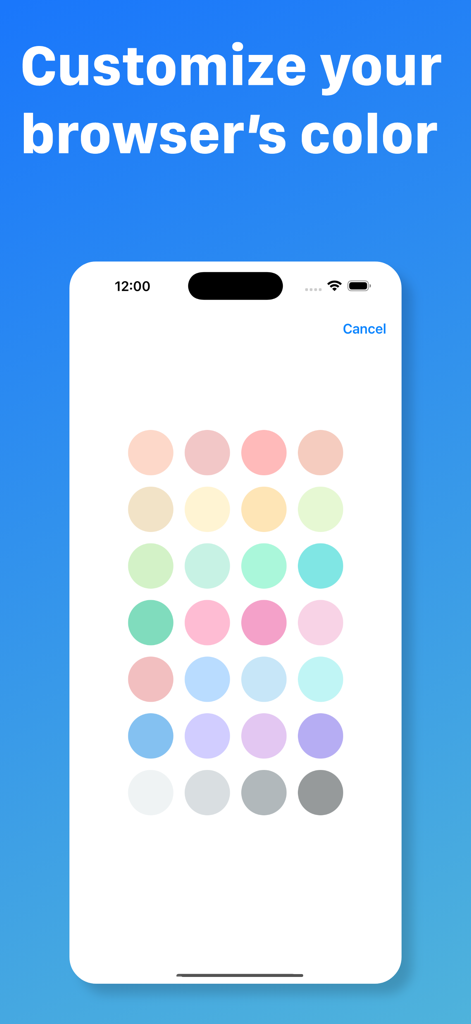 Fullmode: Minimal Browser - Fullmode minimal browser color customization screen showing a palette of pastel colors for UI personalization