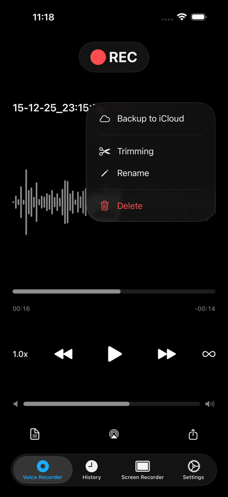 Voice Recorder, Voice Memos ™ - Interfaz de la aplicación Grabadora de Voz mostrando una onda de sonido y un menú con opciones para copia de seguridad en iCloud, recorte y cambio de nombre