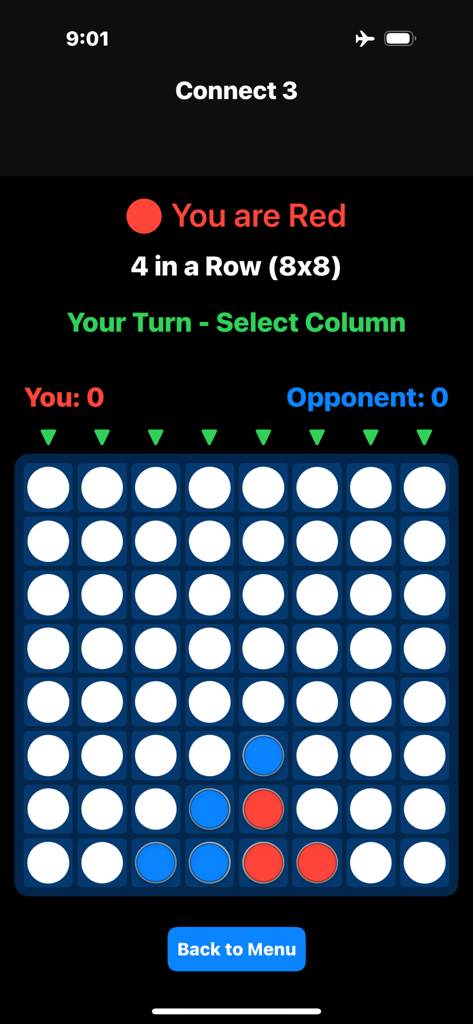 Offline MultiPlayer Games - Connect Four game interface with red and blue pieces on an 8x8 grid