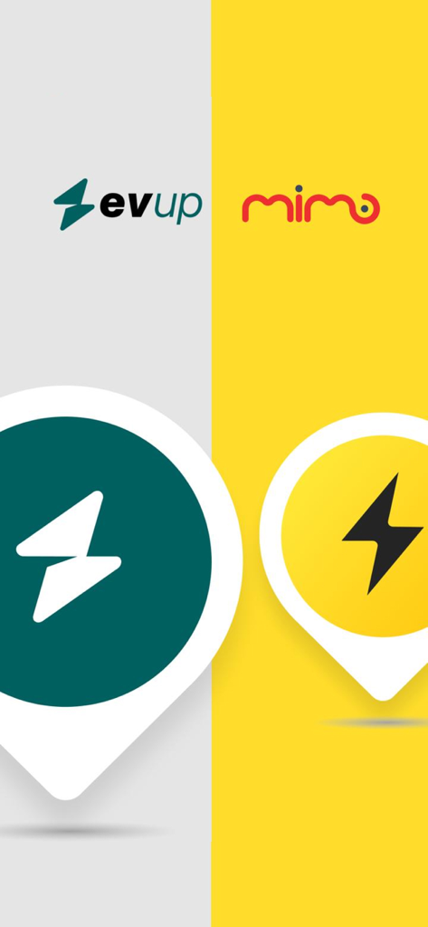 Logos de las marcas Mimo y evup con pines de mapa de vehículos eléctricos