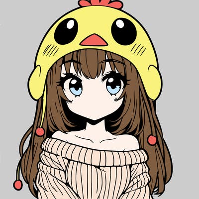 anime girl with chick shaped hat with sweater with bare shoulders with bangs covering them one eye with low tail