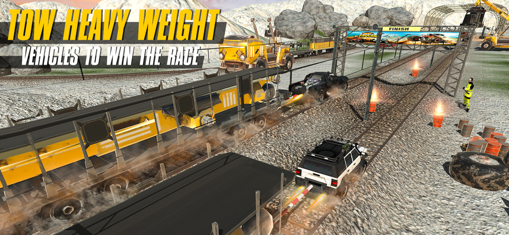 Drag Racing - Tow Truck Games - A truck towing a heavy train carriage on tracks towards a finish line in a simulation game
