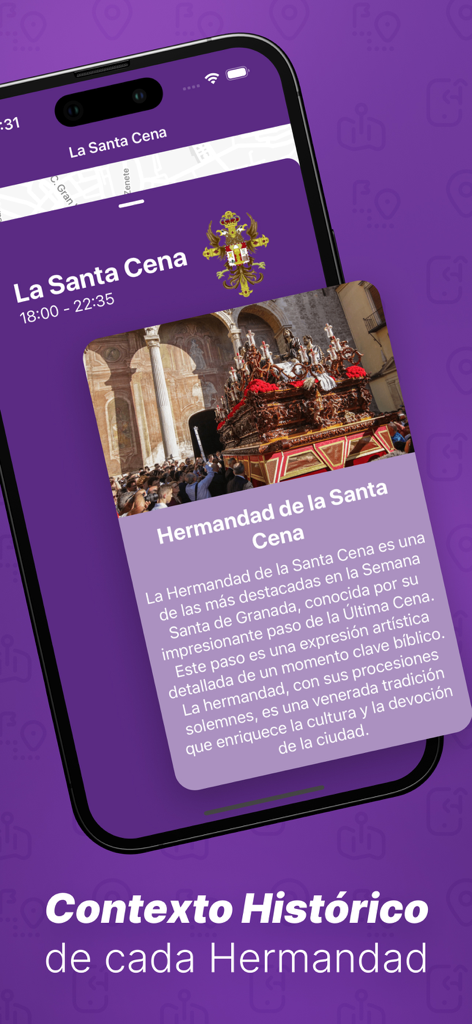 GeoPasos - Aplicación GeoPasos mostrando información histórica sobre una hermandad de Semana Santa en Granada.