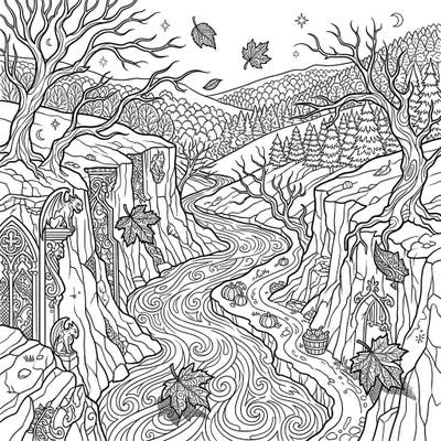 Immerse yourself in the dramatic beauty of a Gothic autumn valley, where ancient trees frame a winding river under a mystical sky. This intricate coloring page invites you to explore a world of falling leaves, ornate architecture, and hidden harvest delights.