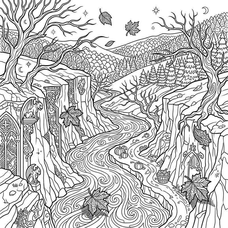 Immerse yourself in the dramatic beauty of a Gothic autumn valley, where ancient trees frame a winding river under a mystical sky. This intricate coloring page invites you to explore a world of falling leaves, ornate architecture, and hidden harvest delights.