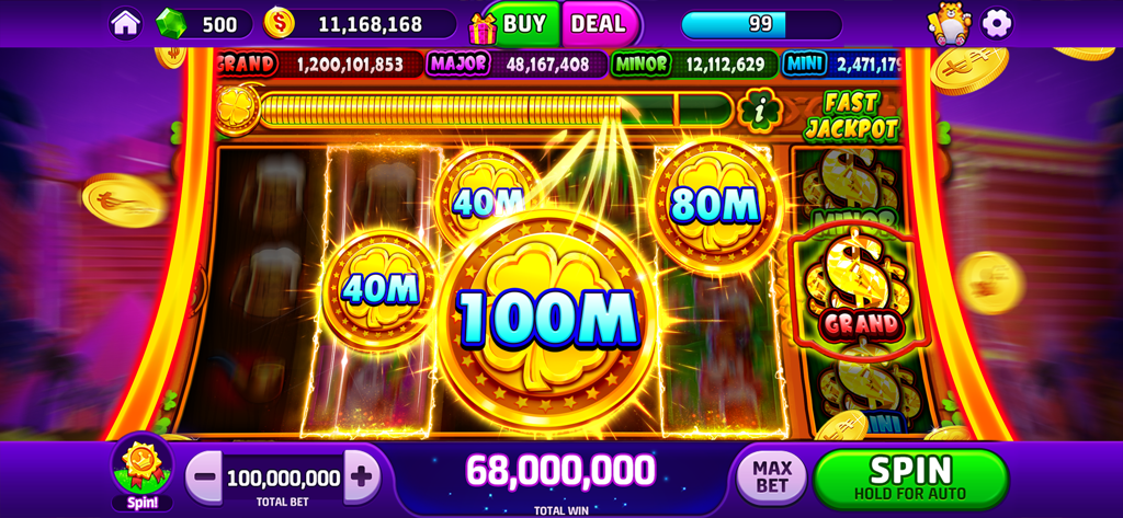 Gameplay of Woohoo Slots casino game featuring a lucky leprechaun theme with big win clover coins and jackpots