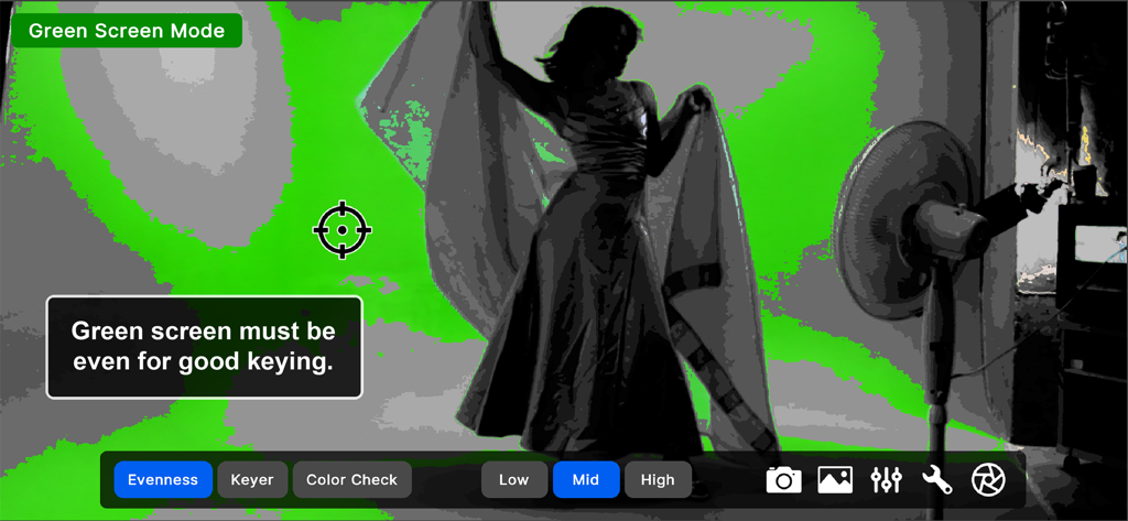 Green Screener - グリーンバックの背景に完璧に均一な照明を実現するために、バンディング可視化を示すGreen Screenerアプリのスクリーンショット