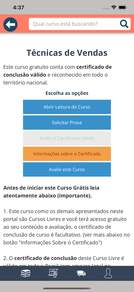 Tela de opções de curso no aplicativo Prime Cursos para um curso de Técnicas de Vendas mostrando botões para materiais de leitura, exames e informações de certificado.
